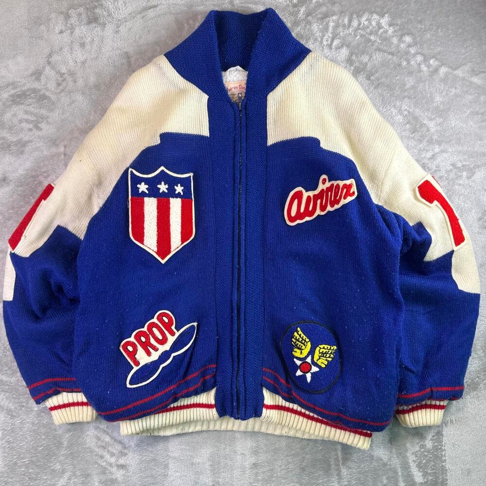 Rare Vtg 90s Avirex AAF Knit Bomber Jacket Blue USA Patch Varsity Sz Men’s L